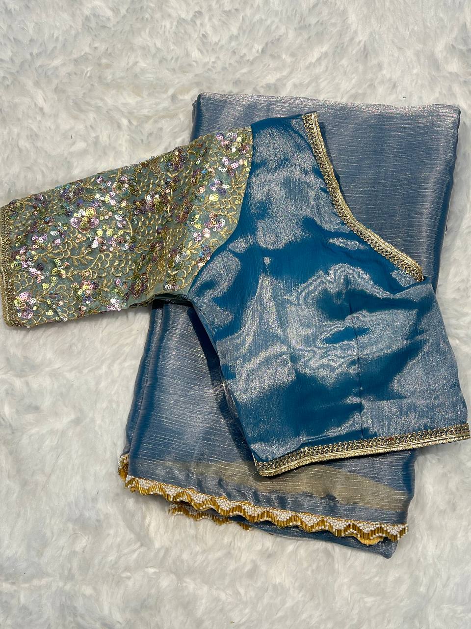 Premium Blue Glass Tissue Two Ton Zari Silk Saree With Gold Val Moti Lace Border Work