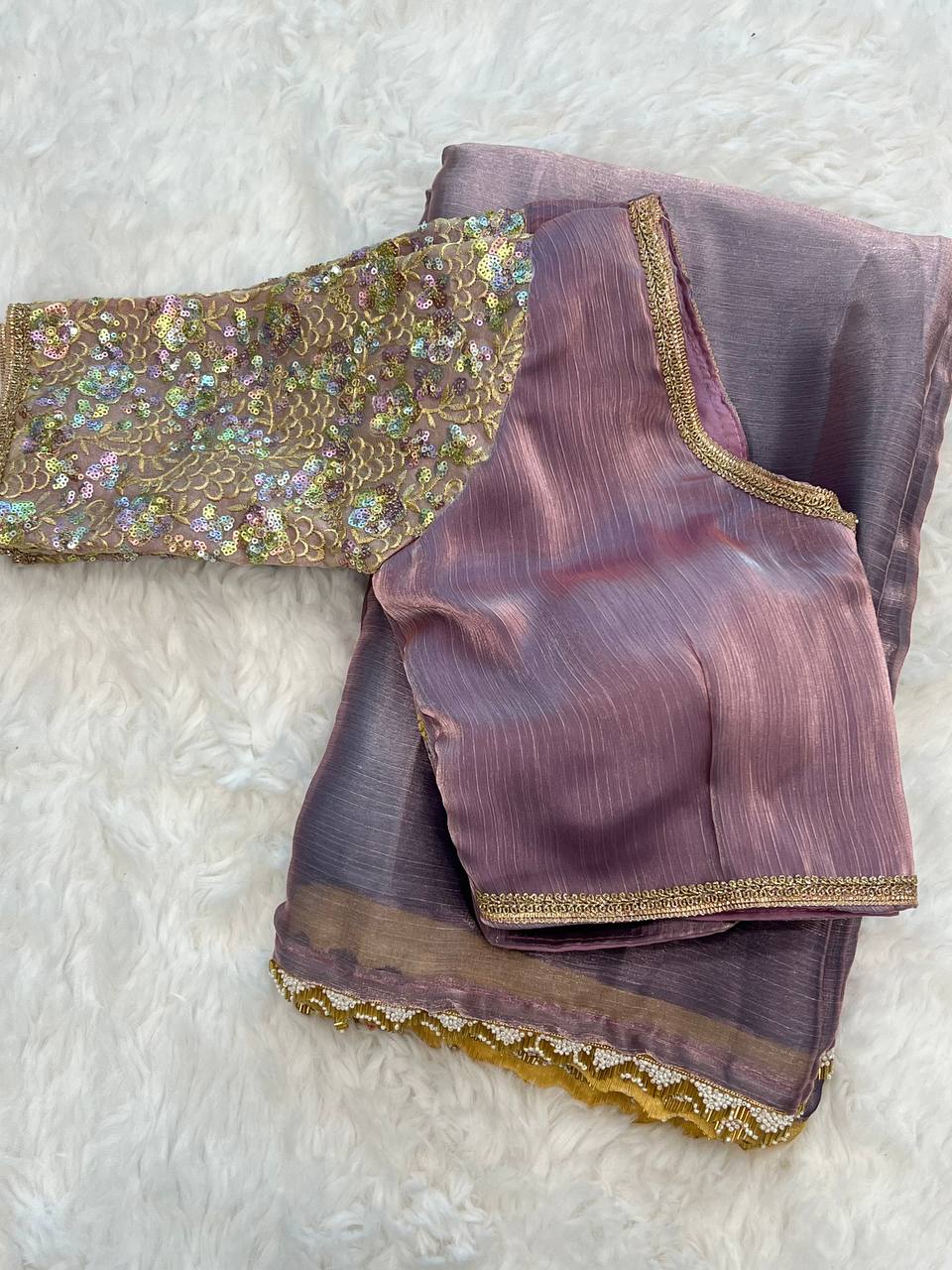 Premium Lavender Glass Tissue Two Ton Zari Silk Saree With Gold Val Moti Lace Border Work