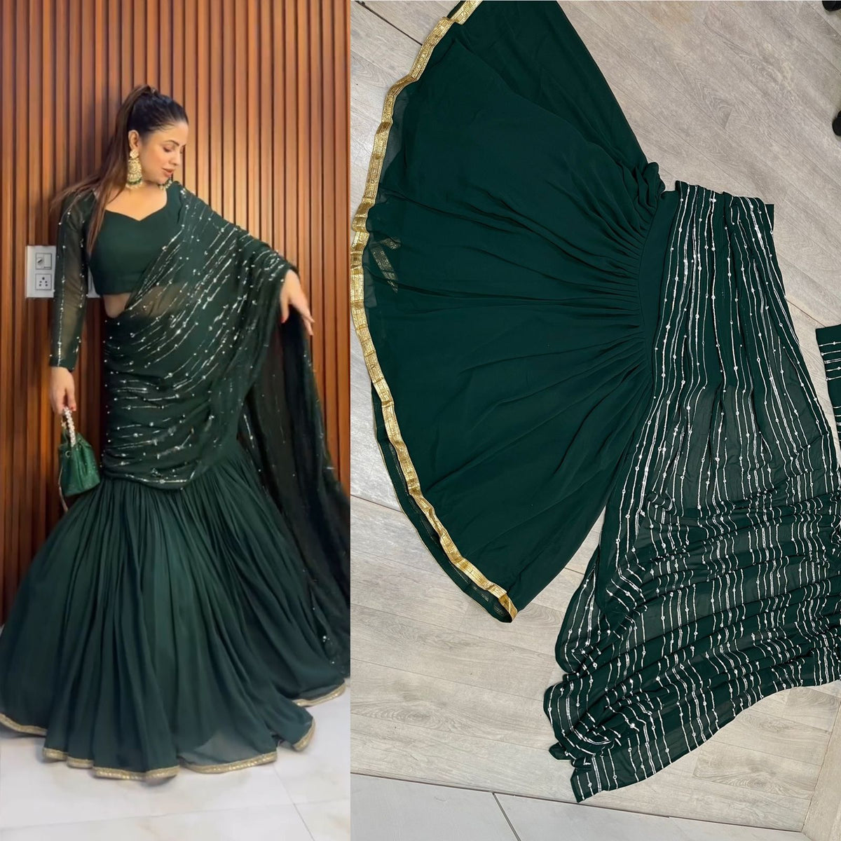 Dark Green Thread Work with pearl Designer Lahenga Saree