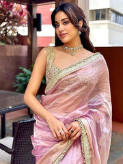 Jahnvi Kapoor Tissue Saree with Elegant Golden Zari Border