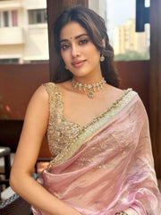 Jahnvi Kapoor Tissue Saree with Elegant Golden Zari Border