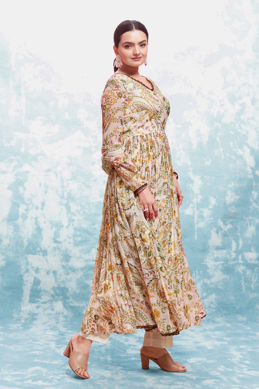 Beige Digital Printed Chiffon Co-Ord Set with Dupatta | Ready to Wear | Sizes XS-XXL