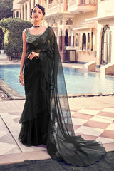 Black Organza Blouse Fabric with Real Mirror, Zari & Dori Work | Unstitched