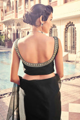 Black Organza Blouse Fabric with Real Mirror, Zari & Dori Work | Unstitched