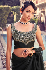 Black Organza Blouse Fabric with Real Mirror, Zari & Dori Work | Unstitched