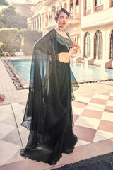 Black Organza Blouse Fabric with Real Mirror, Zari & Dori Work | Unstitched