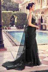 Black Organza Blouse Fabric with Real Mirror, Zari & Dori Work | Unstitched