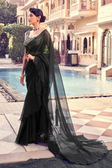 Black Organza Blouse Fabric with Real Mirror, Zari & Dori Work | Unstitched