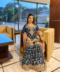 Blue Elegant Fox Georgette Embroidered Sharara Suit with Dupatta