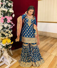 Blue Elegant Fox Georgette Embroidered Sharara Suit with Dupatta