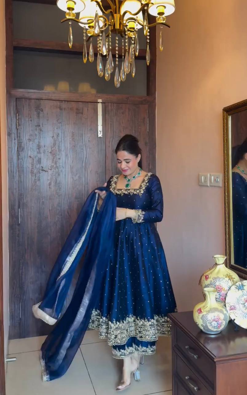 blue and gold anarkali dress Blue golden anarkali suit set Kamodinee