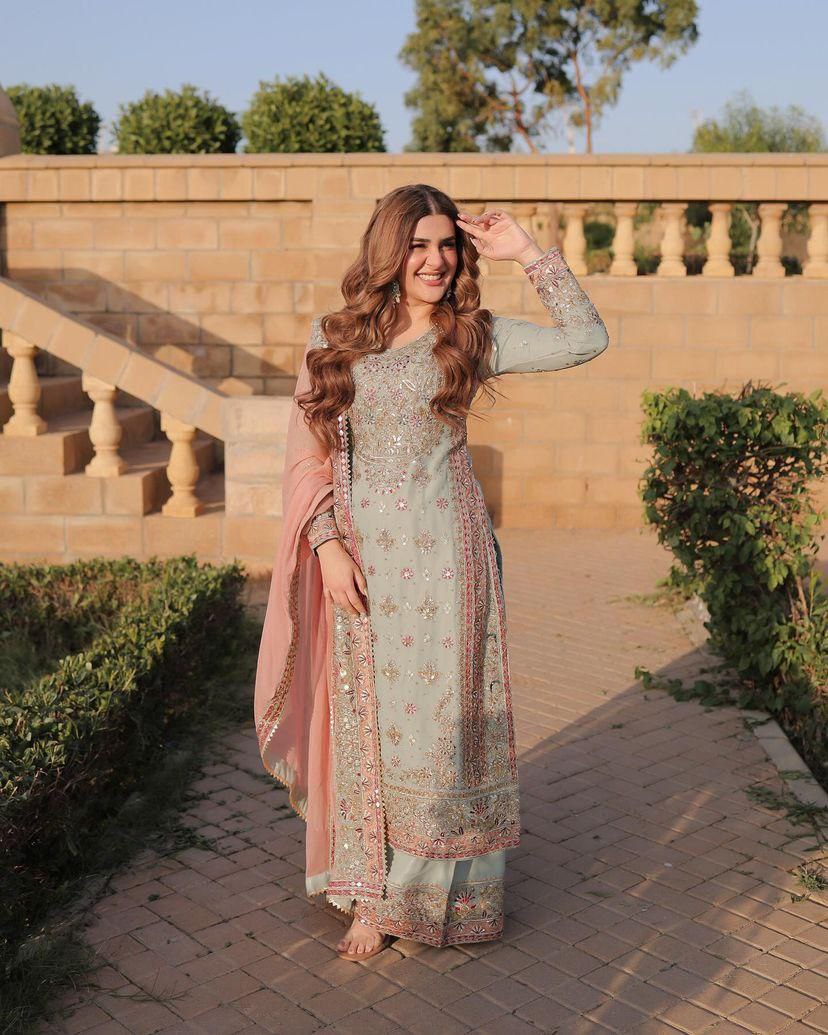 Chic Sky Blue Embroidered Top with Sharara & Matching Dupatta