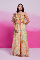 Cream Printed Organza Co-Ord Set with Blouse & Palazzo | Trendy Ready-to-Wear | Sizes XS–XXL