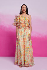 Cream Printed Organza Co-Ord Set with Blouse & Palazzo | Trendy Ready-to-Wear | Sizes XS–XXL