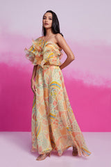 Cream Printed Organza Co-Ord Set with Blouse & Palazzo | Trendy Ready-to-Wear | Sizes XS–XXL