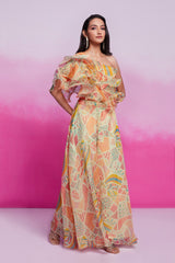 Cream Printed Organza Co-Ord Set with Blouse & Palazzo | Trendy Ready-to-Wear | Sizes XS–XXL