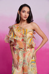 Cream Printed Organza Co-Ord Set with Blouse & Palazzo | Trendy Ready-to-Wear | Sizes XS–XXL