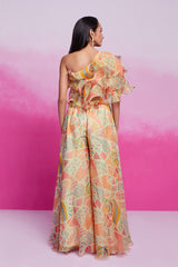 Cream Printed Organza Co-Ord Set with Blouse & Palazzo | Trendy Ready-to-Wear | Sizes XS–XXL