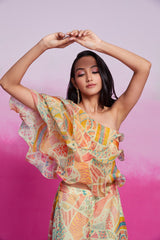 Cream Printed Organza Co-Ord Set with Blouse & Palazzo | Trendy Ready-to-Wear | Sizes XS–XXL