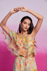 Cream Printed Organza Co-Ord Set with Blouse & Palazzo | Trendy Ready-to-Wear | Sizes XS–XXL