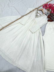 Elegant White Party Wear Alia Cut Anarkali Gown with Dupatta & Bottom Set