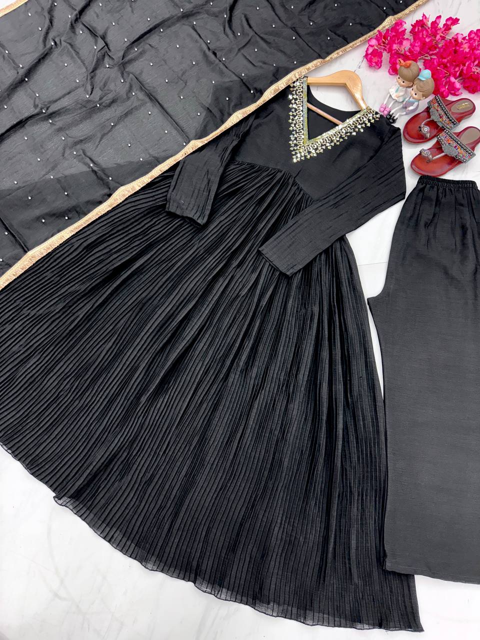 Elegant Black Party Wear Alia Cut Anarkali Gown with Dupatta & Bottom ManMohit Fashion Elegant Black Party Wear Alia Cut Anarkali Gown with Dupatta & Bottom ManMohit Fashion