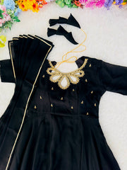 Elegant Black Rangoli Georgette Party Wear Gown with Dupatta Set
