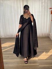 Elegant Black Rangoli Georgette Party Wear Gown with Dupatta Set