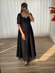 Elegant Black Rangoli Georgette Party Wear Gown with Dupatta Set