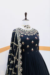 Elegant Black Sequin Embroidered Gown with Dupatta