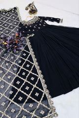 Elegant Black Sequin Embroidered Gown with Dupatta