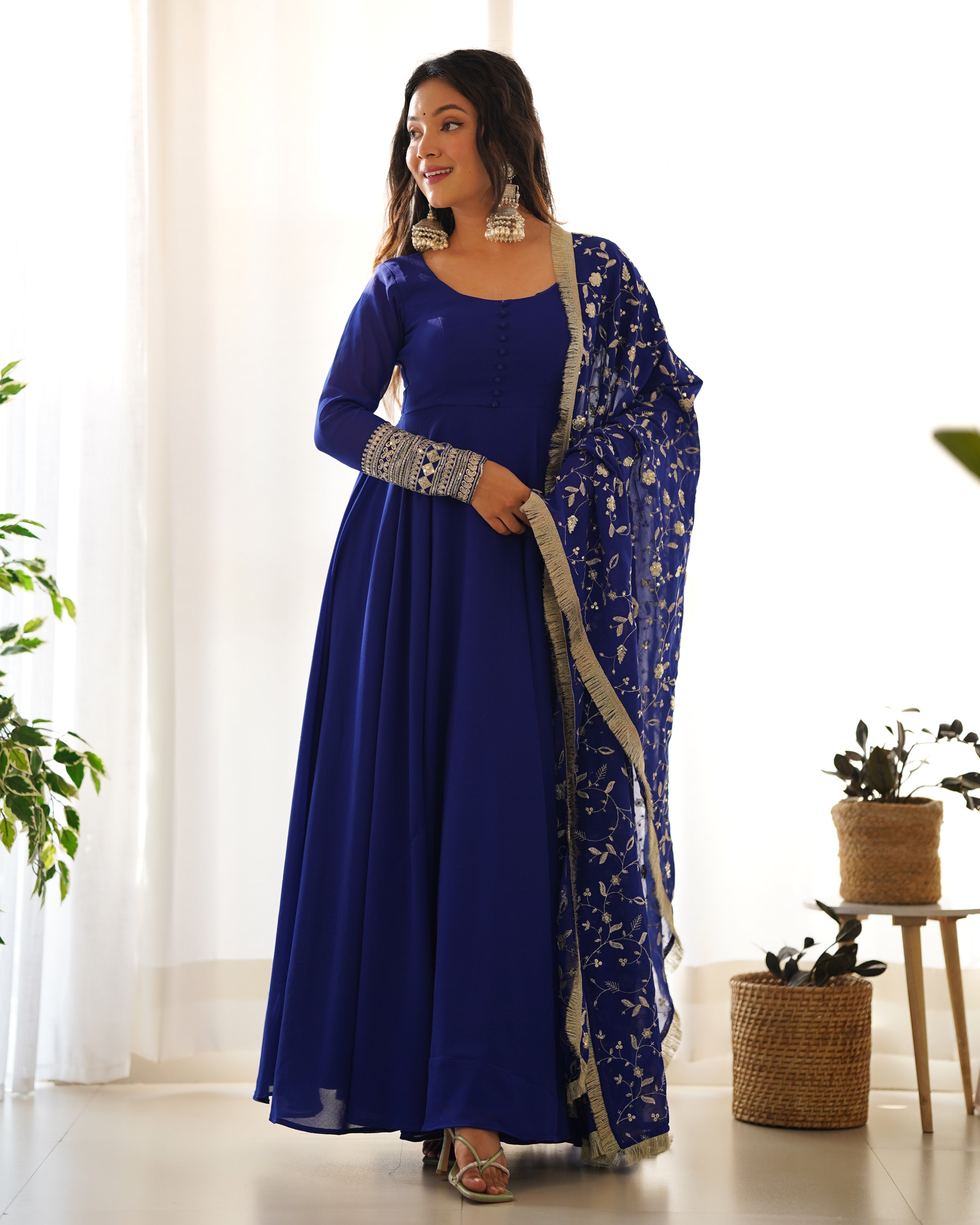dupatta for navy blue dress Navy Blue Georgette Thread Work Party Wear Gown With Dupatta