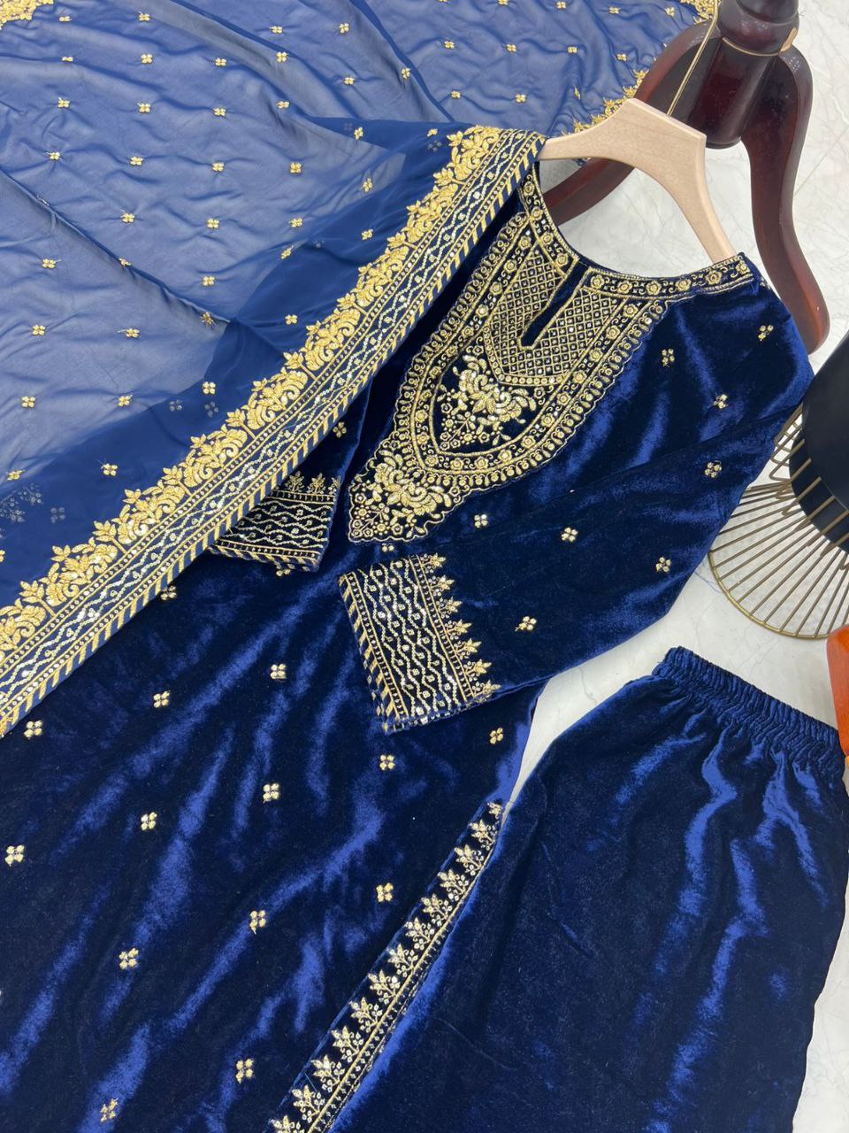 Elegant Blue Velvet Embroidered Gown Set with Fox Georgette Dupatta