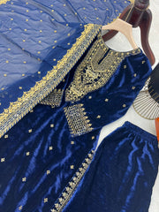 Elegant Blue Velvet Embroidered Gown Set with Fox Georgette Dupatta