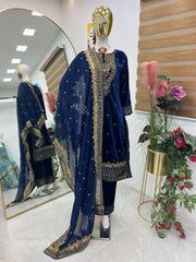 Elegant Blue Velvet Embroidered Gown Set with Fox Georgette Dupatta