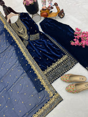 Elegant Blue Velvet Embroidered Gown Set with Fox Georgette Dupatta