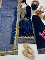 Elegant Blue Velvet Embroidered Gown Set with Fox Georgette Dupatta