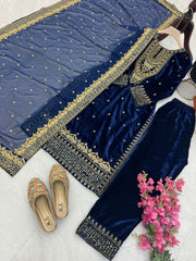 Elegant Blue Velvet Embroidered Gown Set with Fox Georgette Dupatta