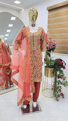 Elegant Brown Embroidered Chinon Suit with Soft Net Dupatta