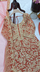 Elegant Brown Embroidered Chinon Suit with Soft Net Dupatta