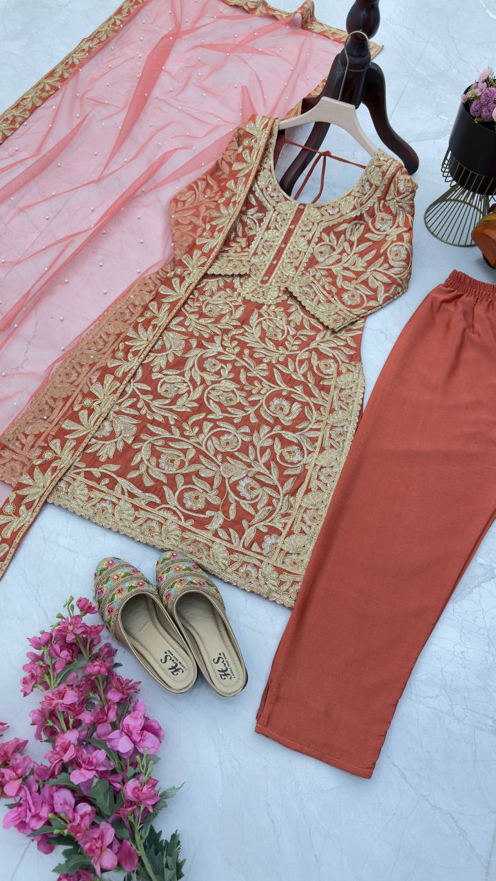 Elegant Brown Embroidered Chinon Suit with Soft Net Dupatta