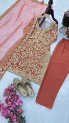Elegant Brown Embroidered Chinon Suit with Soft Net Dupatta
