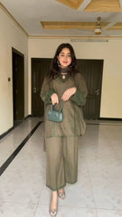 Elegant Dusty Green Designer Suit – Muslin Cotton with Intricate Thread & Sequence Work