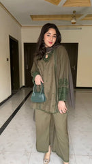 Elegant Dusty Green Designer Suit – Muslin Cotton with Intricate Thread & Sequence Work