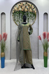 Elegant Dusty Green Designer Suit – Muslin Cotton with Intricate Thread & Sequence Work
