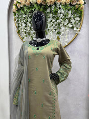 Elegant Dusty Green Designer Suit – Muslin Cotton with Intricate Thread & Sequence Work