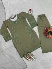 Elegant Dusty Green Designer Suit – Muslin Cotton with Intricate Thread & Sequence Work