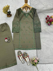 Elegant Dusty Green Designer Suit – Muslin Cotton with Intricate Thread & Sequence Work
