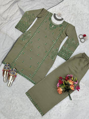Elegant Dusty Green Designer Suit – Muslin Cotton with Intricate Thread & Sequence Work