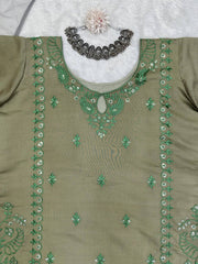 Elegant Dusty Green Designer Suit – Muslin Cotton with Intricate Thread & Sequence Work